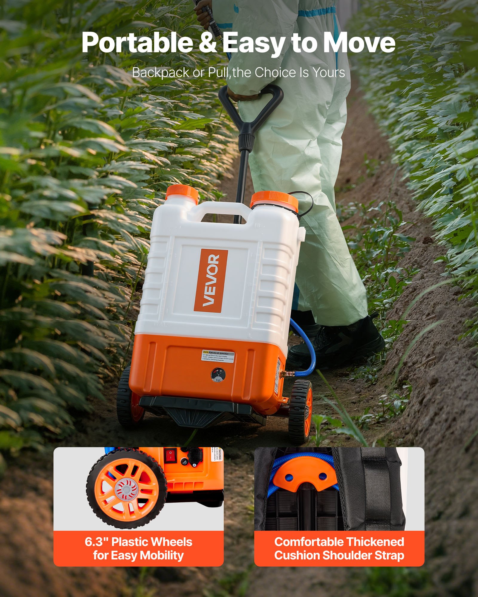 VEVOR Pulverizador de Mochila con Carro, Presión Ajustable 0-94 PSI, Tanque con Ruedas de 15L, con 6 Boquillas, 2 Varillas, Tapa de Boca Ancha para Jardín, Desmalezado, Pulverización, Limpieza