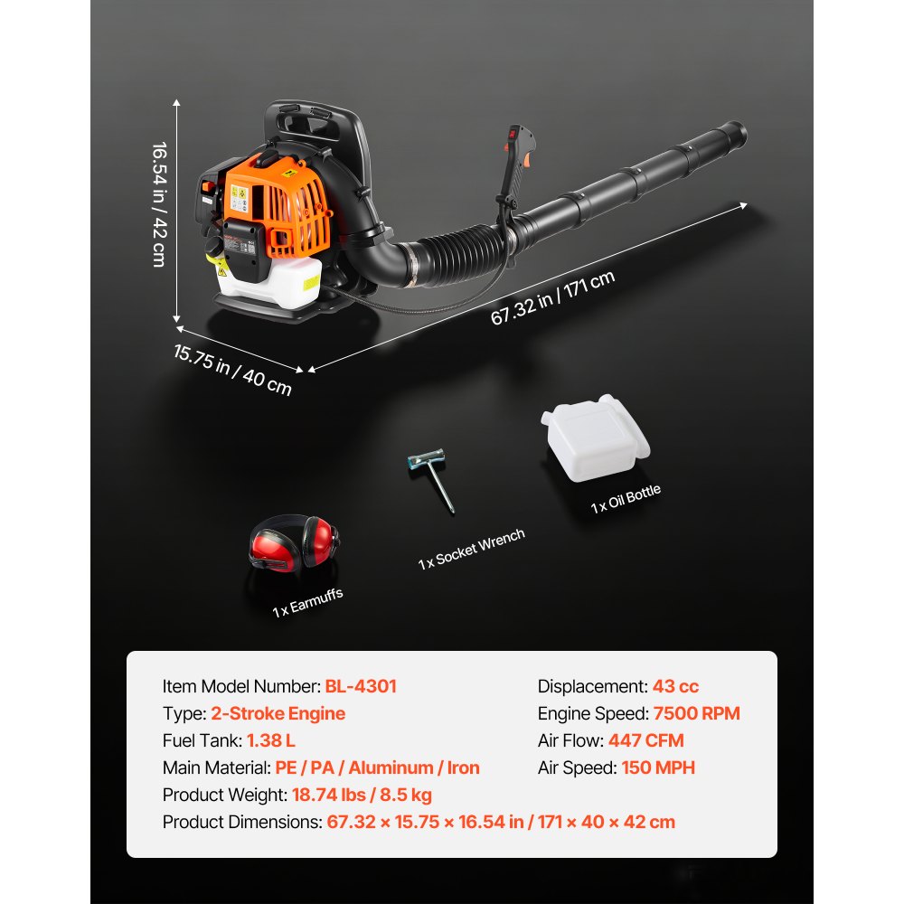 VEVOR Soplador de Hojas 43 cc Soplador de Mochila a Gasolina para Limpieza, Motor de 2 Tiempos, Tanque de Combustible 1,38 L, Volumen 815 m³/h, Velocidad 241 km/h, para Nieve Residuos en Jardín Patio