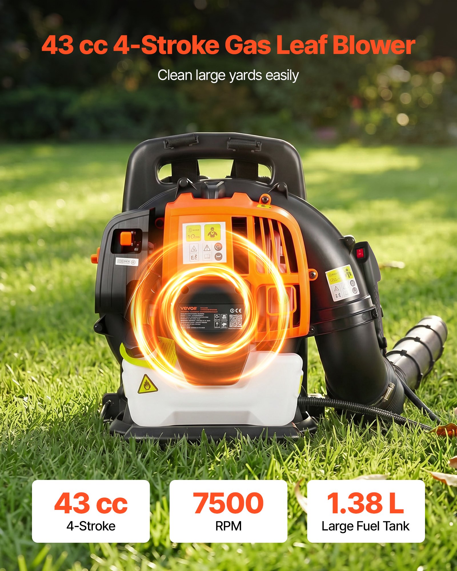 VEVOR Soplador de Hojas 43 cc Soplador de Mochila a Gasolina para Limpieza, Motor de 2 Tiempos, Tanque de Combustible 1,38 L, Volumen 815 m³/h, Velocidad 241 km/h, para Nieve Residuos en Jardín Patio