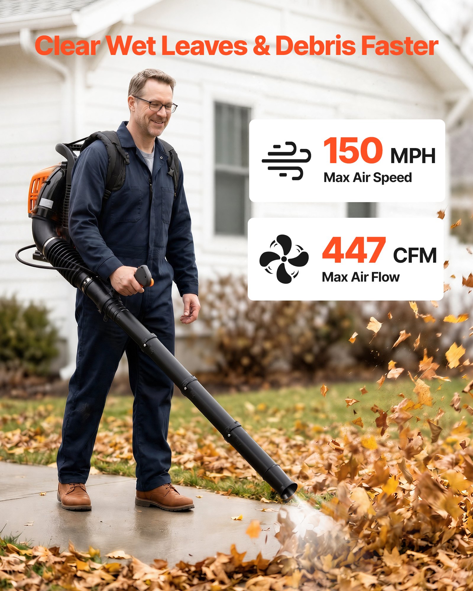 VEVOR Soplador de Hojas 43 cc Soplador de Mochila a Gasolina para Limpieza, Motor de 2 Tiempos, Tanque de Combustible 1,38 L, Volumen 815 m³/h, Velocidad 241 km/h, para Nieve Residuos en Jardín Patio