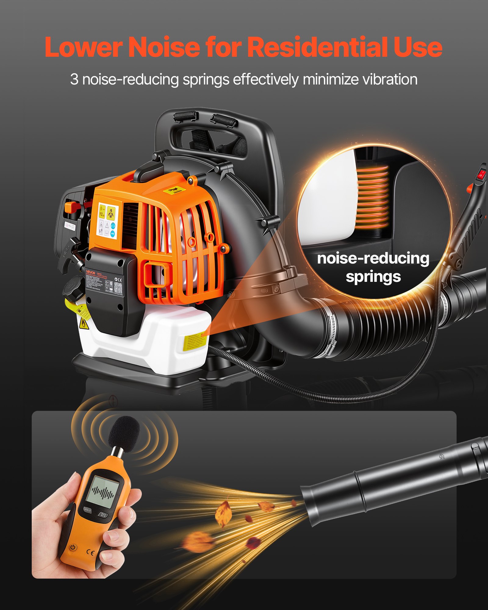 VEVOR Soplador de Hojas 43 cc Soplador de Mochila a Gasolina para Limpieza, Motor de 2 Tiempos, Tanque de Combustible 1,38 L, Volumen 815 m³/h, Velocidad 241 km/h, para Nieve Residuos en Jardín Patio