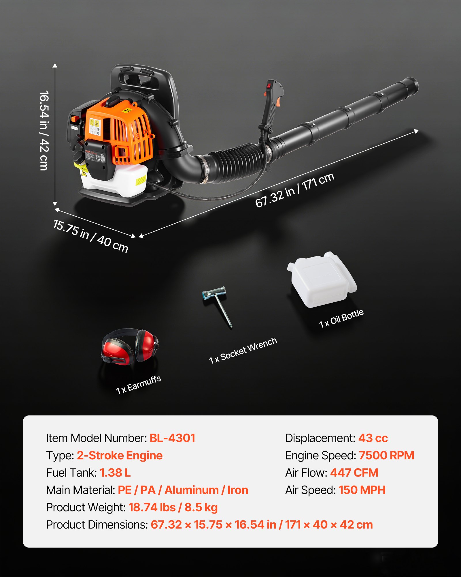 VEVOR Soplador de Hojas 43 cc Soplador de Mochila a Gasolina para Limpieza, Motor de 2 Tiempos, Tanque de Combustible 1,38 L, Volumen 815 m³/h, Velocidad 241 km/h, para Nieve Residuos en Jardín Patio