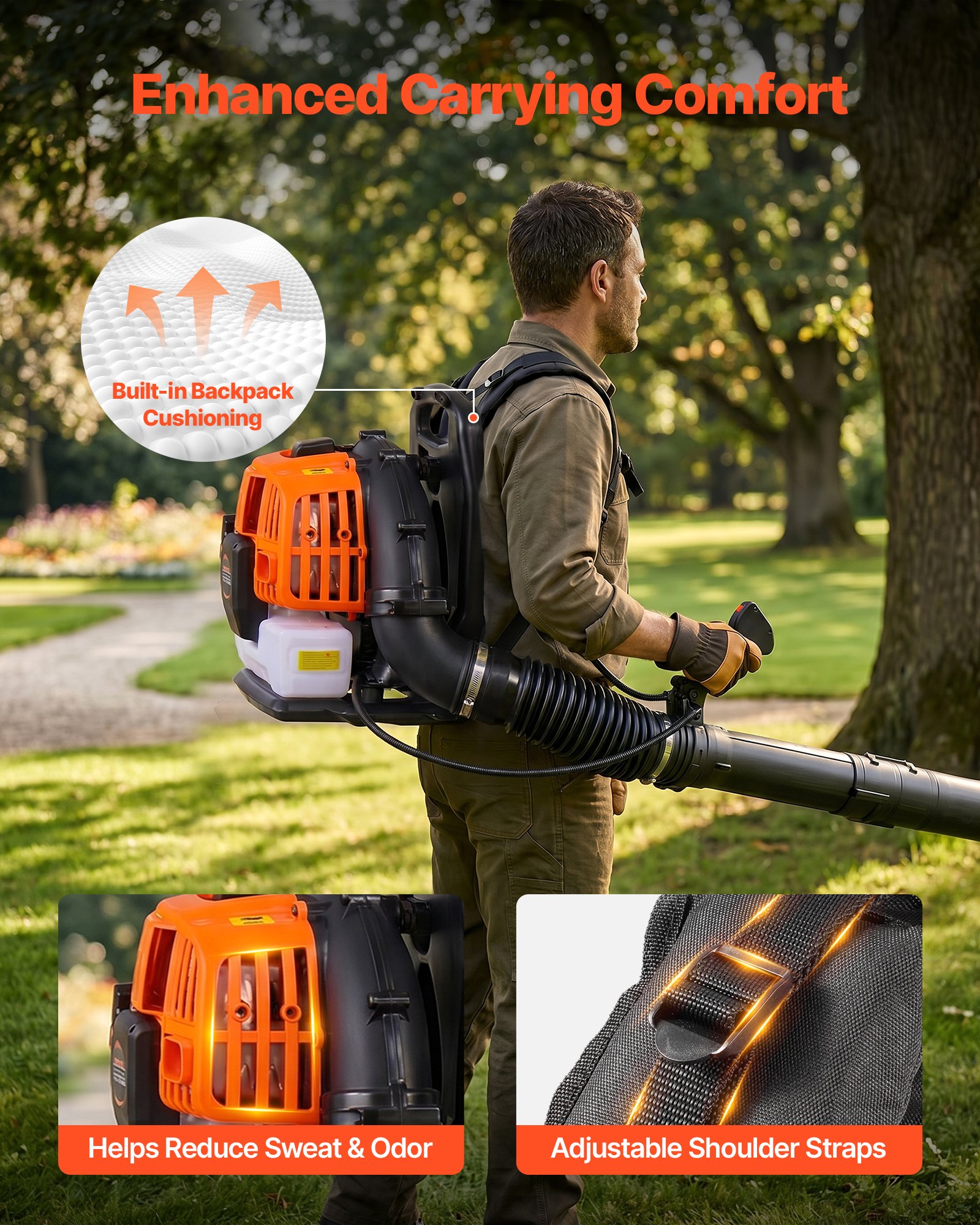 VEVOR Soplador de Hojas 43 cc Soplador de Mochila a Gasolina para Limpieza, Motor de 2 Tiempos, Tanque de Combustible 1,38 L, Volumen 815 m³/h, Velocidad 241 km/h, para Nieve Residuos en Jardín Patio
