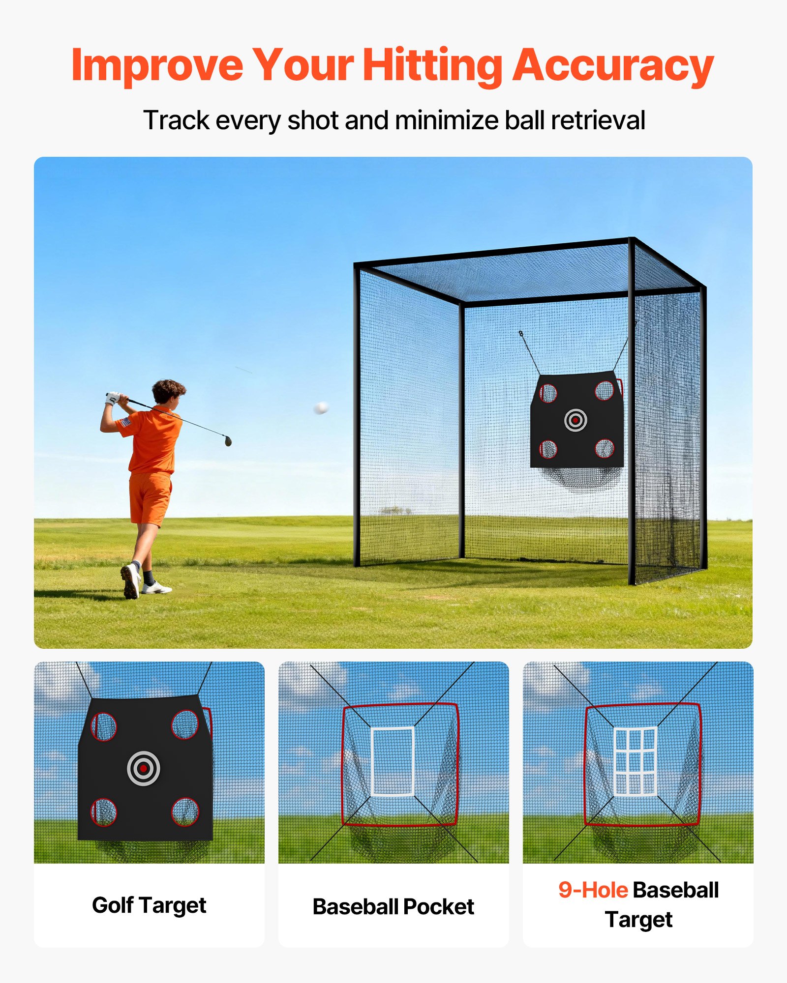 VEVOR Jaula de Golf de 305 x 305 x 305 cm, con Tejido de Poliéster de 3 Capas sin Nudos, con Ganchos Robustos en Forma de D, Objetivo de Golf y Béisbol de 9 Hoyos, para Exteriores e Interiores