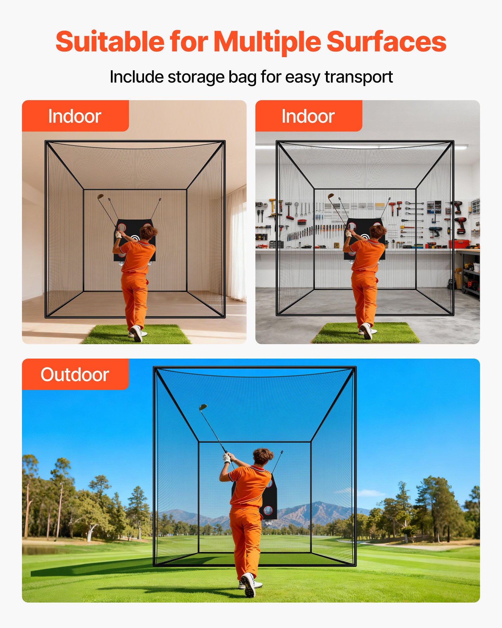 VEVOR Jaula de Golf de 305 x 305 x 305 cm, con Tejido de Poliéster de 3 Capas sin Nudos, con Ganchos Robustos en Forma de D, Objetivo de Golf y Béisbol de 9 Hoyos, para Exteriores e Interiores