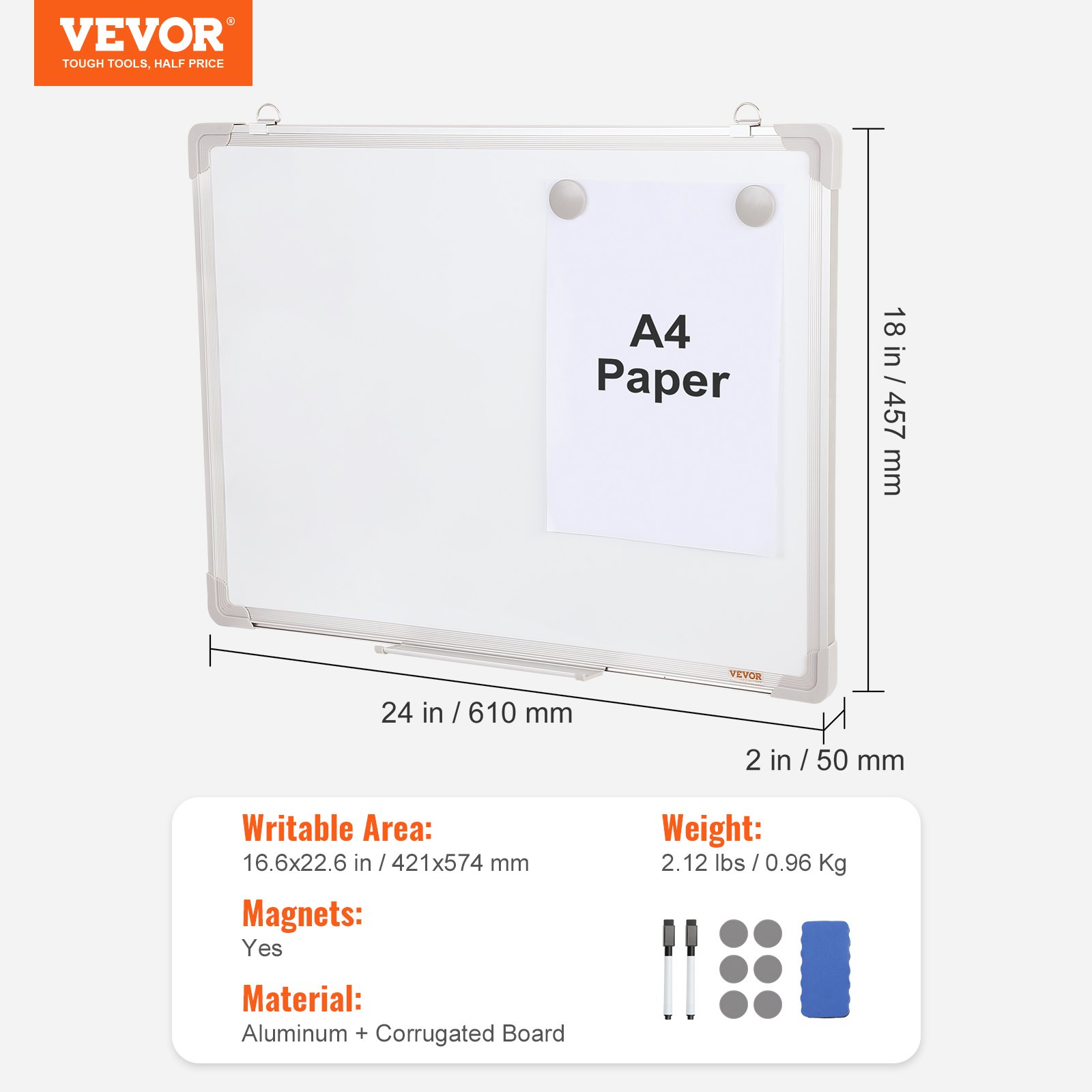 VEVOR Pizarra Blanca Magnética 46 x 61 cm Pizarra Blanca de Borrado en Seco Marco de Aluminio Montaje Fácil en Pared con 2 Rotuladores 1 Borrador 6 Imanes para Presentaciones Trabajo Oficina Escuela