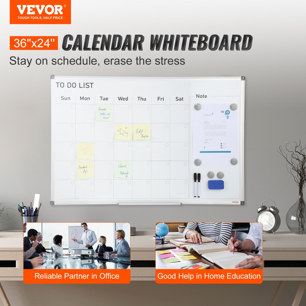 VEVOR Pizarra para Calendario 91,5 x 61 cm Pizarra Magnética de Borrado en Seco 2 en 1 Pizarra Planificadora Mensual para Pared Marco de Aluminio con 2 Marcadores 1 Borrador 6 Imanes para Programación