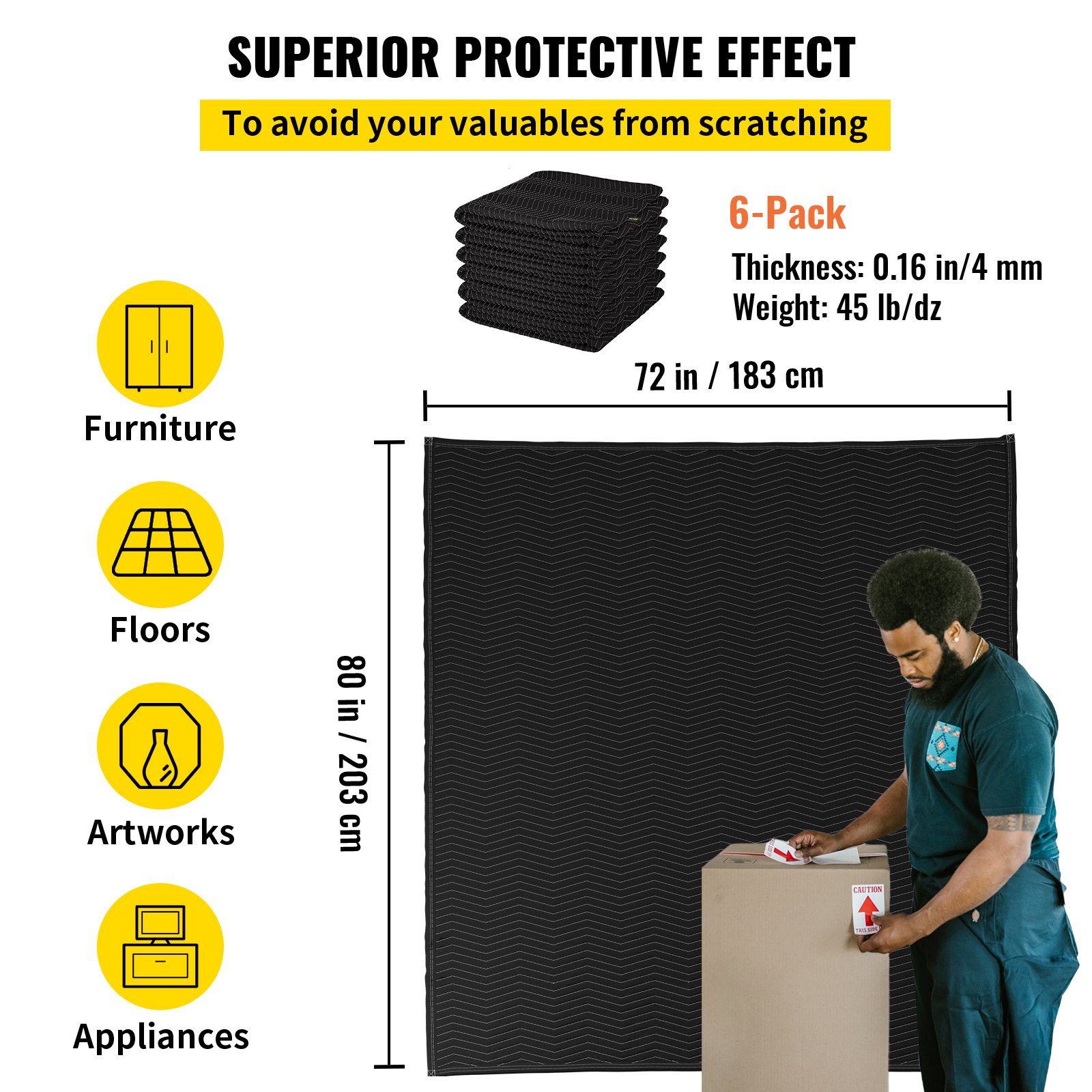 VEVOR Mantas de Embalaje y Mudanza de203 x 183 cm Manta para Envolver Muebles Negro Manta para Mudanza de 6 Piezas Almohadilla de Fieltro de Embalaje para Cama Mesa Silla Muebles Electrodomésticos