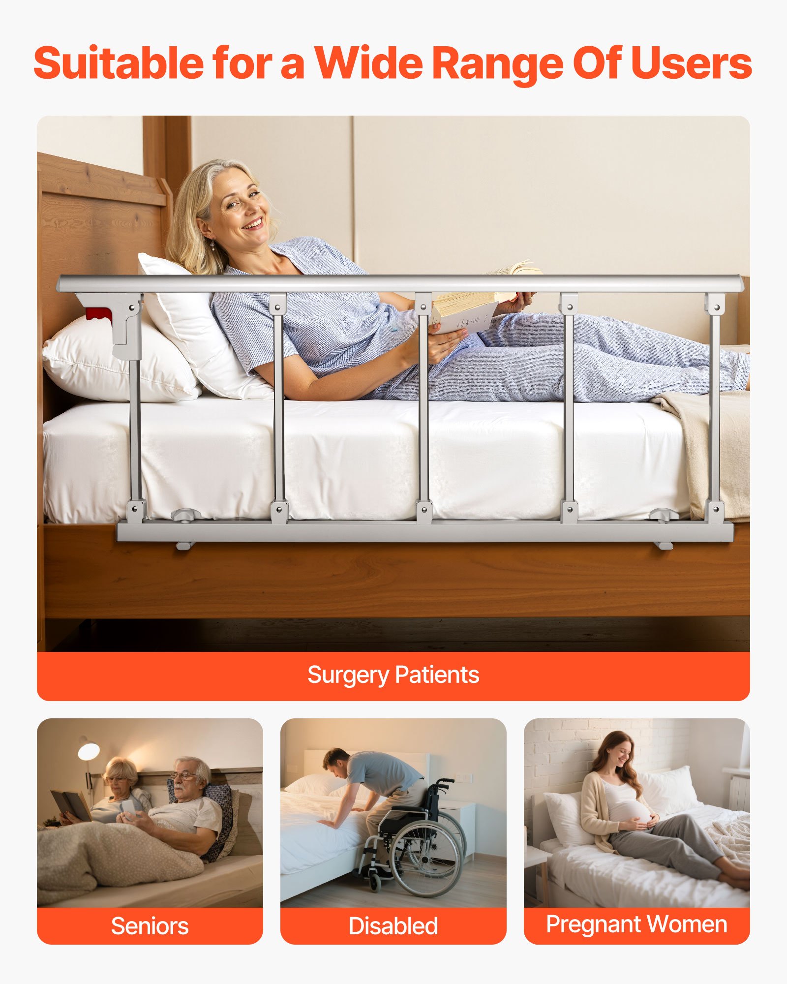 VEVOR Barandilla de Cama Plegable Personas Mayores, 122 cm, con Correa de Sujeción, Protección Anticaídas, Asa de Protección a las Manos y Protector de Bordes, a Camas King, Queen, Matrimoniales