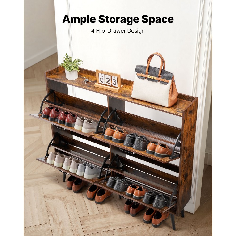 VEVOR Zapatero con 4 Puertas y Antivuelco, Ahorra Espacio, Organizador de Zapatos Independiente para Entrada, Pasillo, Salón, Porche, Estilo Vintage, 120 x 24 x 105 cm, Fácil de Limpiar, Marrón