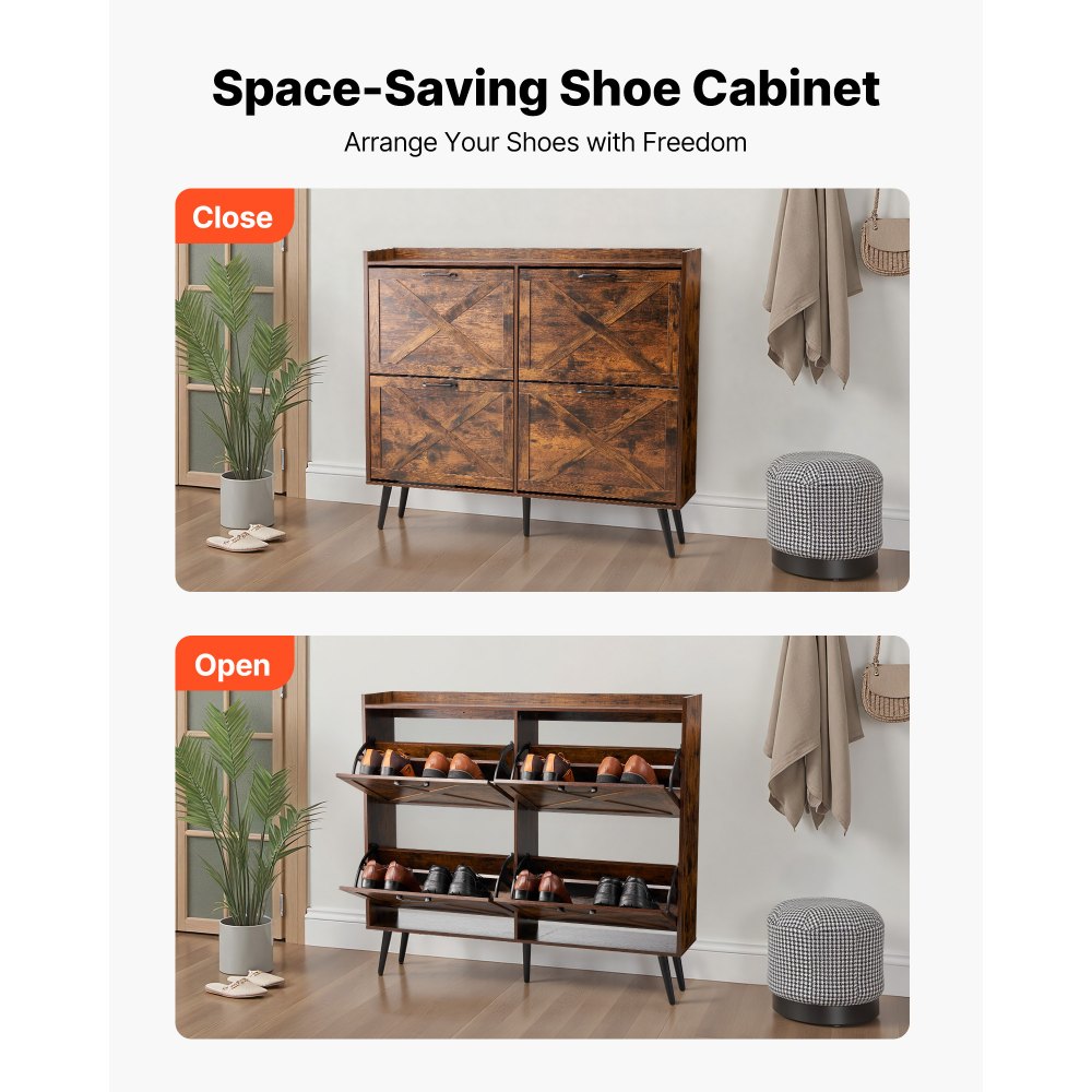 VEVOR Zapatero con 4 Puertas y Antivuelco, Ahorra Espacio, Organizador de Zapatos Independiente para Entrada, Pasillo, Salón, Porche, Estilo Vintage, 120 x 24 x 105 cm, Fácil de Limpiar, Marrón