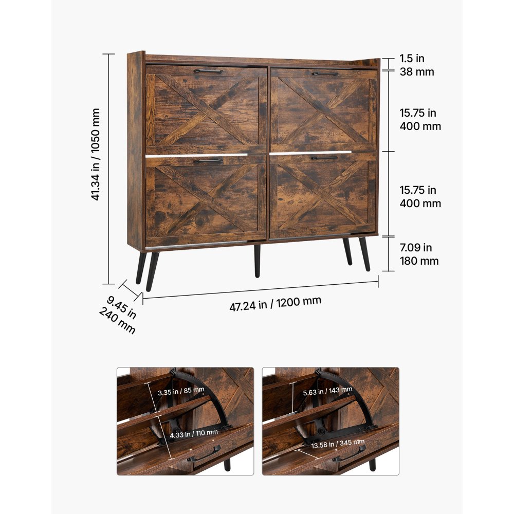 VEVOR Zapatero con 4 Puertas y Antivuelco, Ahorra Espacio, Organizador de Zapatos Independiente para Entrada, Pasillo, Salón, Porche, Estilo Vintage, 120 x 24 x 105 cm, Fácil de Limpiar, Marrón