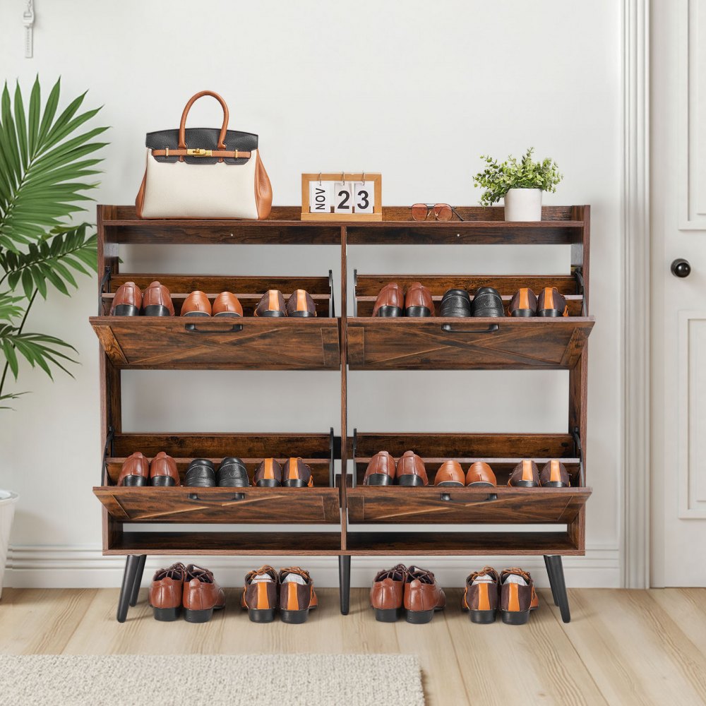 VEVOR Zapatero con 4 Puertas y Antivuelco, Ahorra Espacio, Organizador de Zapatos Independiente para Entrada, Pasillo, Salón, Porche, Estilo Vintage, 120 x 24 x 105 cm, Fácil de Limpiar, Marrón