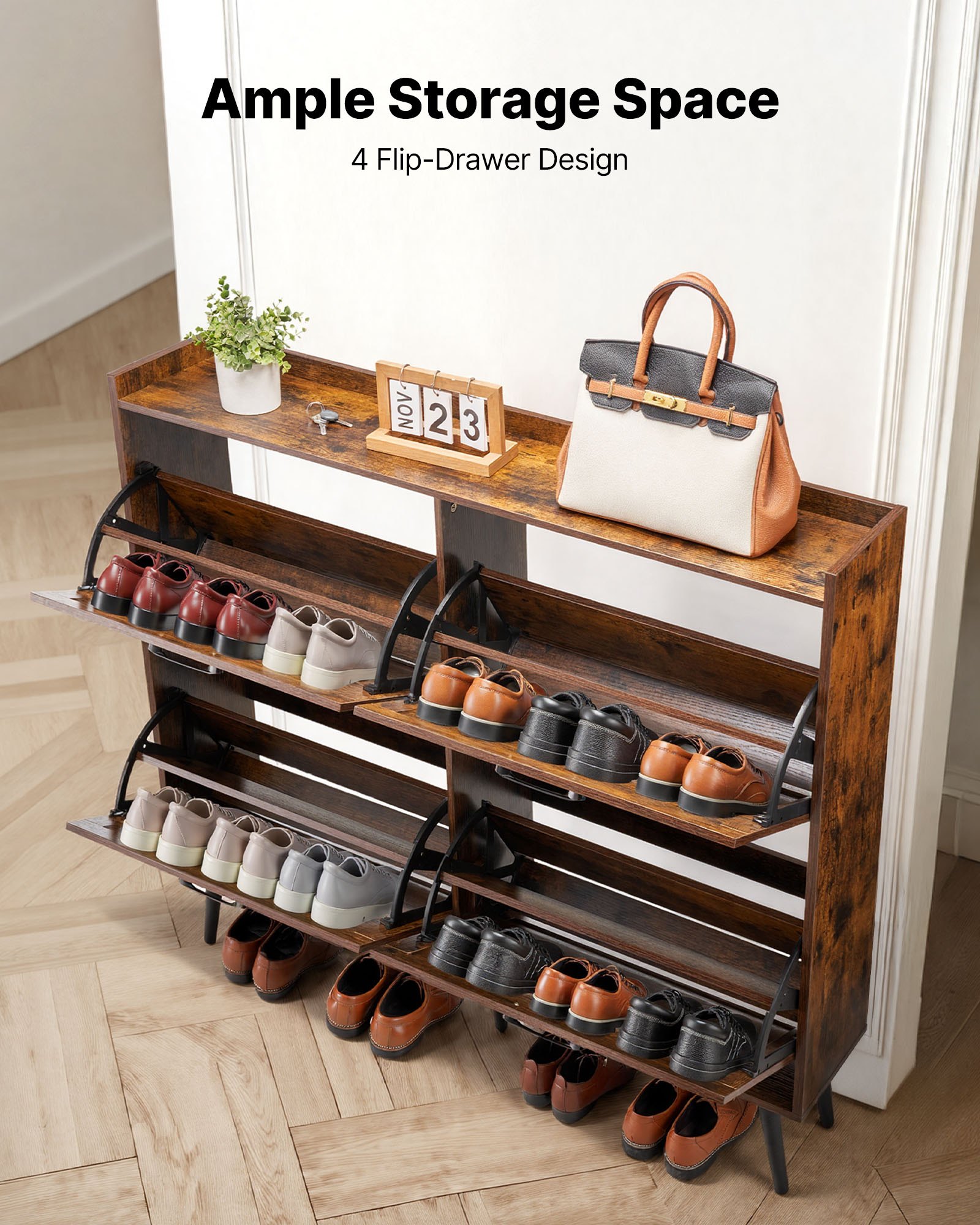 VEVOR Zapatero con 4 Puertas y Antivuelco, Ahorra Espacio, Organizador de Zapatos Independiente para Entrada, Pasillo, Salón, Porche, Estilo Vintage, 120 x 24 x 105 cm, Fácil de Limpiar, Marrón