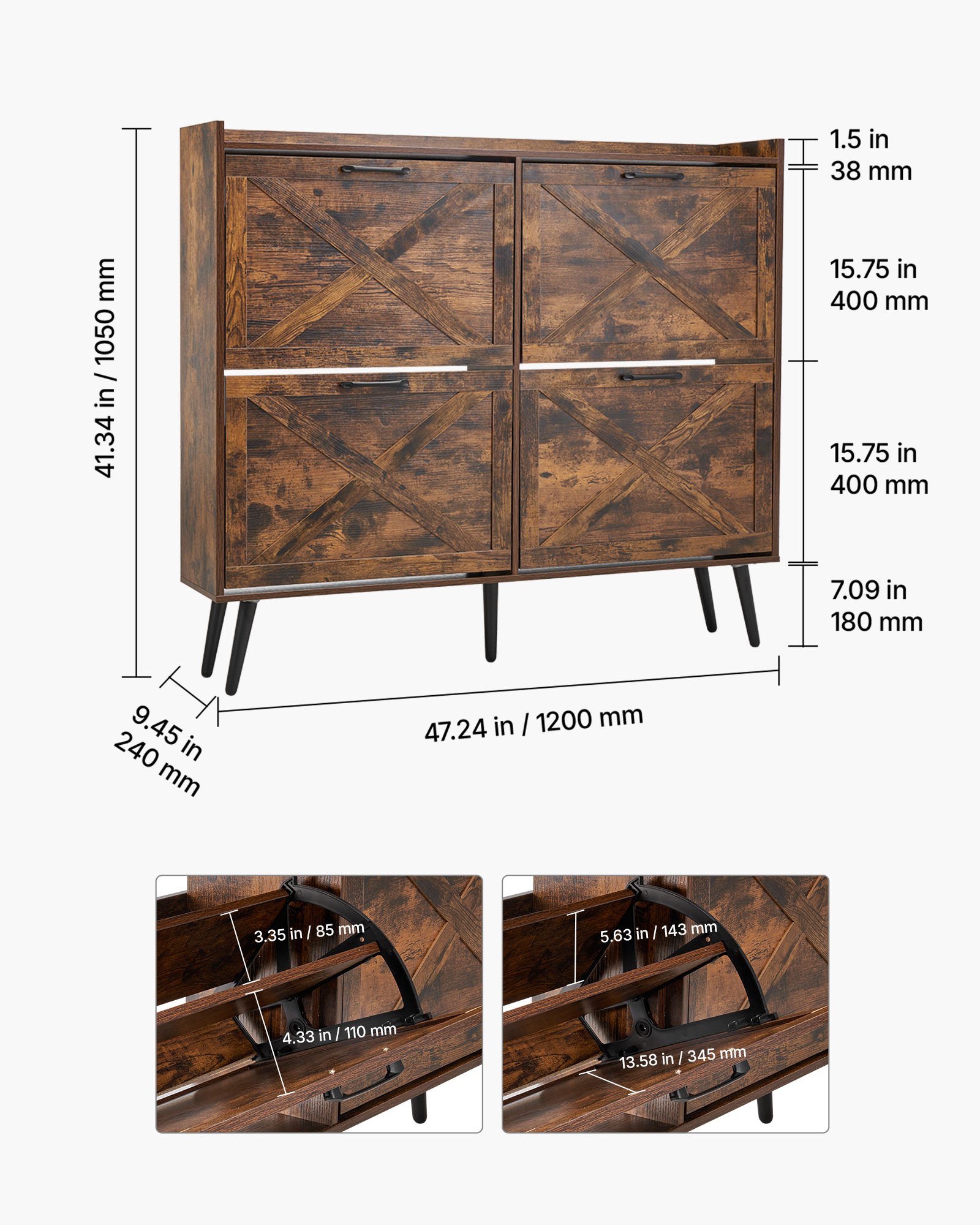 VEVOR Zapatero con 4 Puertas y Antivuelco, Ahorra Espacio, Organizador de Zapatos Independiente para Entrada, Pasillo, Salón, Porche, Estilo Vintage, 120 x 24 x 105 cm, Fácil de Limpiar, Marrón