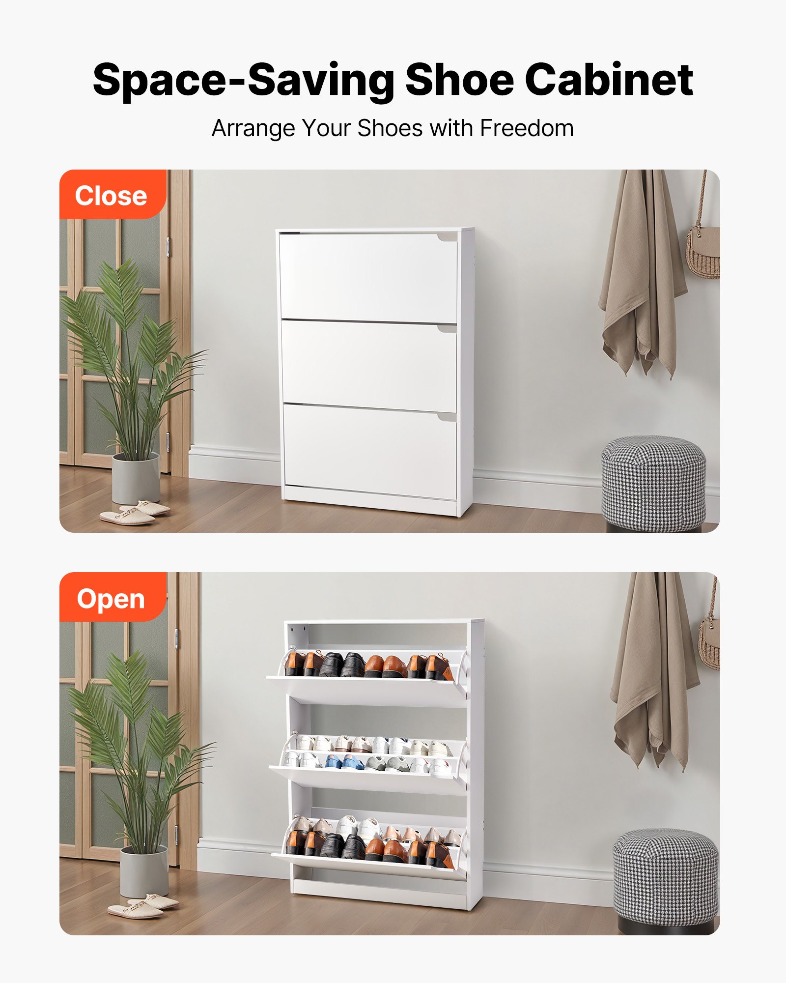 VEVOR Shoe Cabinet with 3 Flip Drawers, Modern Shoes Storage Cabinet with Anti-Tipping Device, Freestanding Shoe Rack Organizer, Ideal for Entryway, Hallway, Bedroom, Living Room, Closet, White