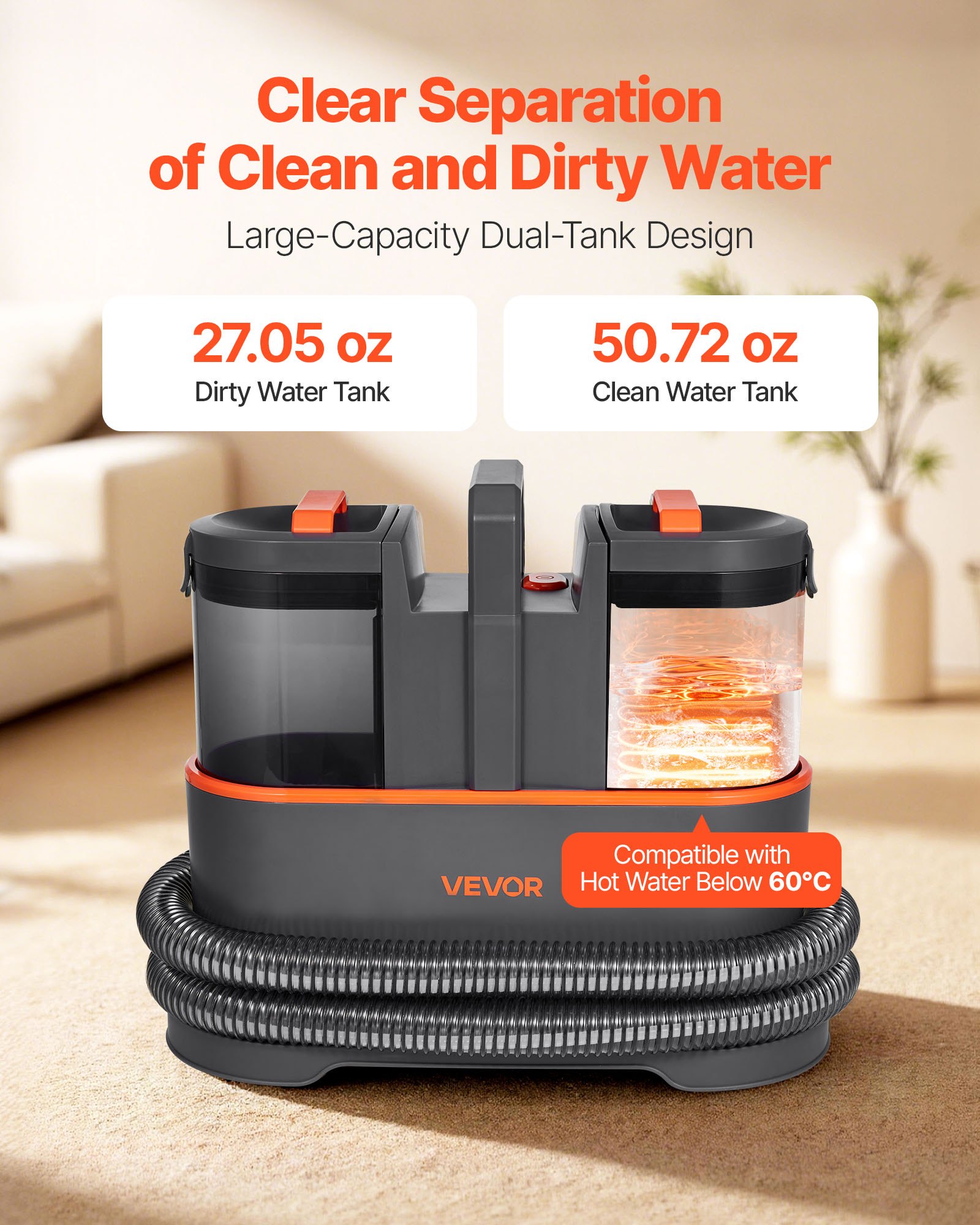 VEVOR Carpet Cleaner Machine, 1.5 L Clean Water Tank & 0.8 L Dirty Water Tank, Portable Upholstery Shampooer, 11.5Kpa Handheld Furniture Extractor, Spot and Stain Deep Cleaner for Rug, Couch, Car