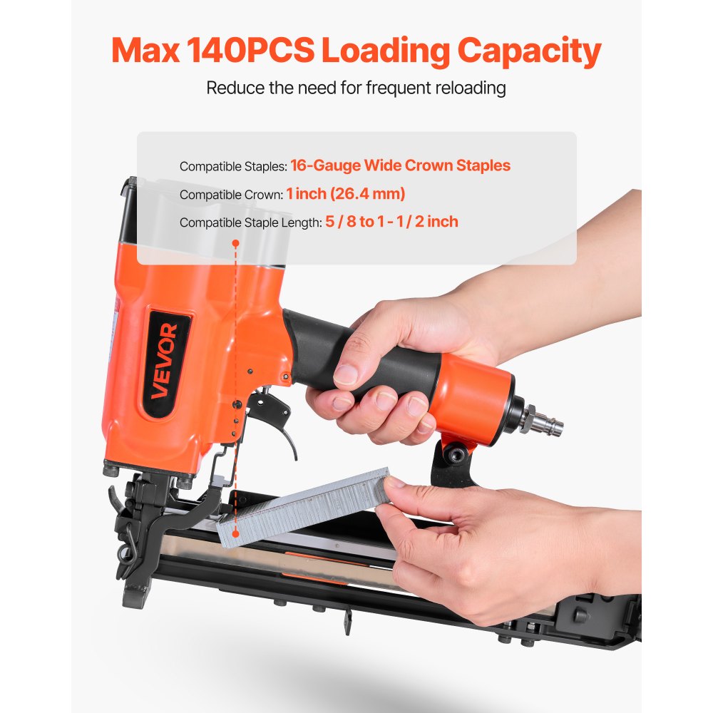VEVOR Clavadora Neumática, Corona de 26,4 mm de Ancho, Longitud de 16-38 mm, 480-830 kPa, con Dos Modos de Disparo para Cubiertas, Revestimientos de Paredes, Cercas y Contrapisos, Calibre 16