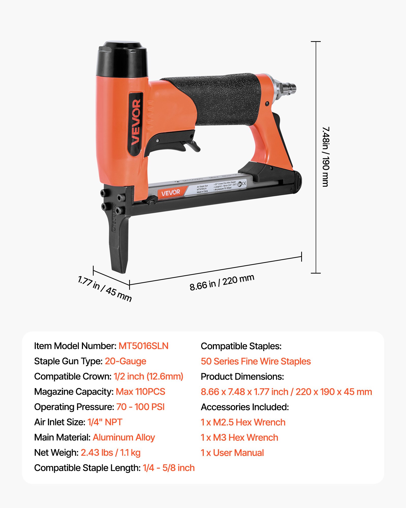 VEVOR Grapadora Neumática, Clavadora Neumática para Grapas de Alambre Fino Serie 50, Corona de 12,8 mm, Longitud de 6-16 mm, Capacidad Máxima de 110 Grapas para Tapicería, Carpintería y Bricolaje