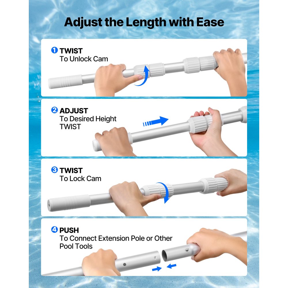 VEVOR Pértiga de Piscina, 1-4,6 m, Barra Telescópica Ajustable con 2 Extensiones, Barra para Limpieza de Piscinas Resistente para Redes Desnatadoras, Rastrillos, Cepillos y Cabezales de Aspiración