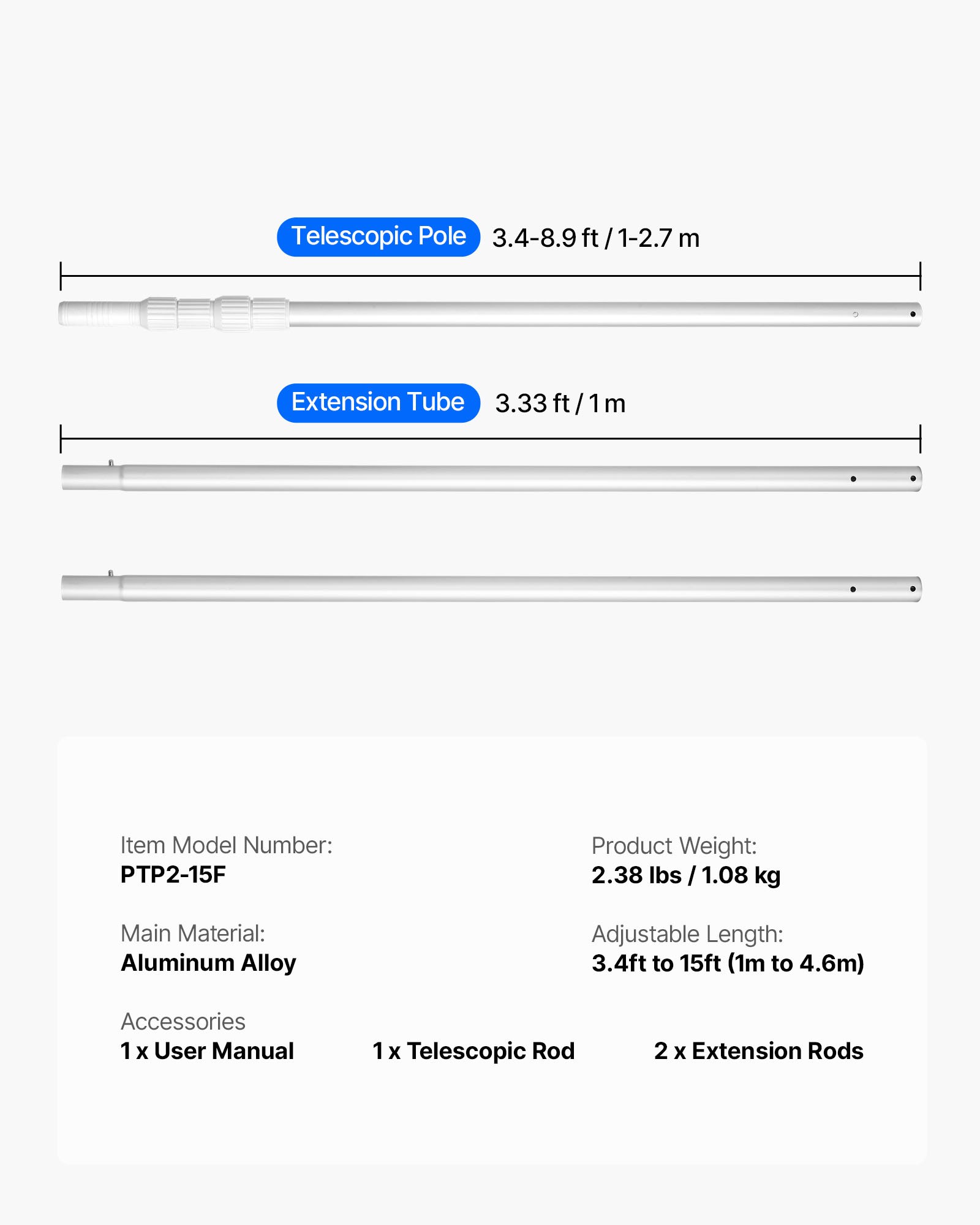 VEVOR Pool Pole, 1 to 4.6 mm Telescoping Swimming Pool Cleaning Poles, Professional Adjustable Telescopic Pole with 2 Extension Poles, Heavy Duty Cleaner Stick for Skimmer Net, Brush, Vacuum Head