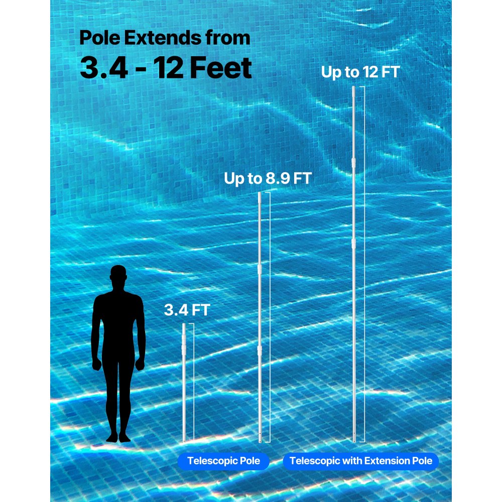 VEVOR Pértiga de Piscina, 1-3,66 m, Barra Telescópica Ajustable con Extensión, Barra para Limpieza de Piscinas Resistente para Redes Desnatadoras, Rastrillos, Cepillos y Cabezales de Aspiración