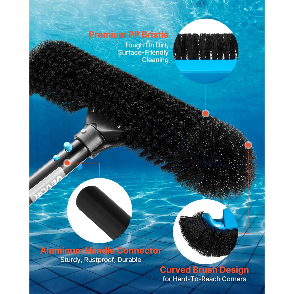 VEVOR Cabezal de Cepillo para Piscina, Cepillos de Fregado de 508 mm con Cerdas de Nailon y Conector de Aluminio, Cabezal Curvo para Limpiar Paredes de Piscinas Enterradas y Elevadas (Sin Poste)