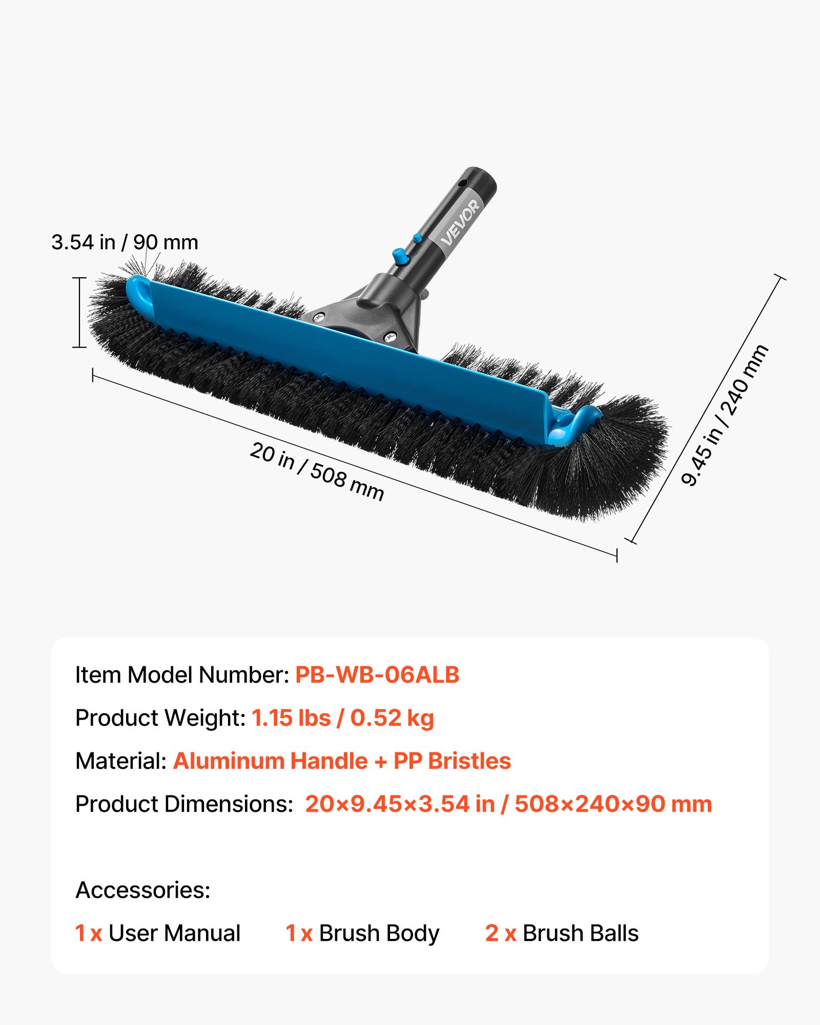 VEVOR Cabezal de Cepillo para Piscina, Cepillos de Fregado de 508 mm con Cerdas de Nailon y Conector de Aluminio, Cabezal Curvo para Limpiar Paredes de Piscinas Enterradas y Elevadas (Sin Poste)