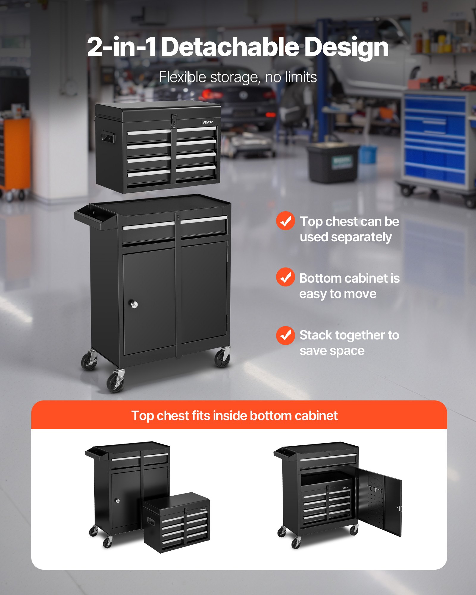 VEVOR Caja de Herramientas con Ruedas, 2 en 1 Organizador de 5 Cajones con Superior Desmontable, Barra de Seguridad, Revestimiento Protector y Soporte para Herramientas, para Garaje, Almacén y Taller