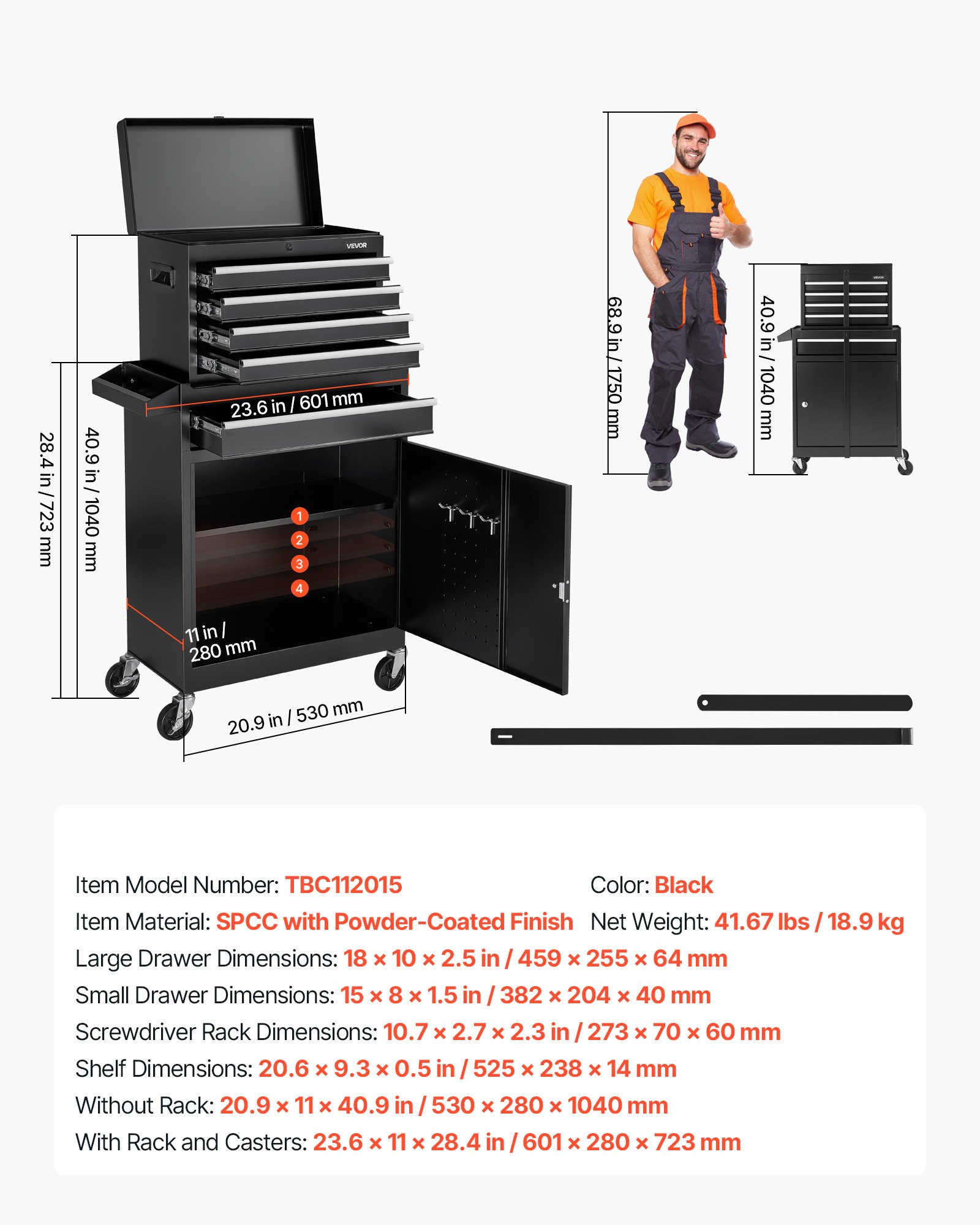 VEVOR Caja de Herramientas con Ruedas, 2 en 1 Organizador de 5 Cajones con Superior Desmontable, Barra de Seguridad, Revestimiento Protector y Soporte para Herramientas, para Garaje, Almacén y Taller