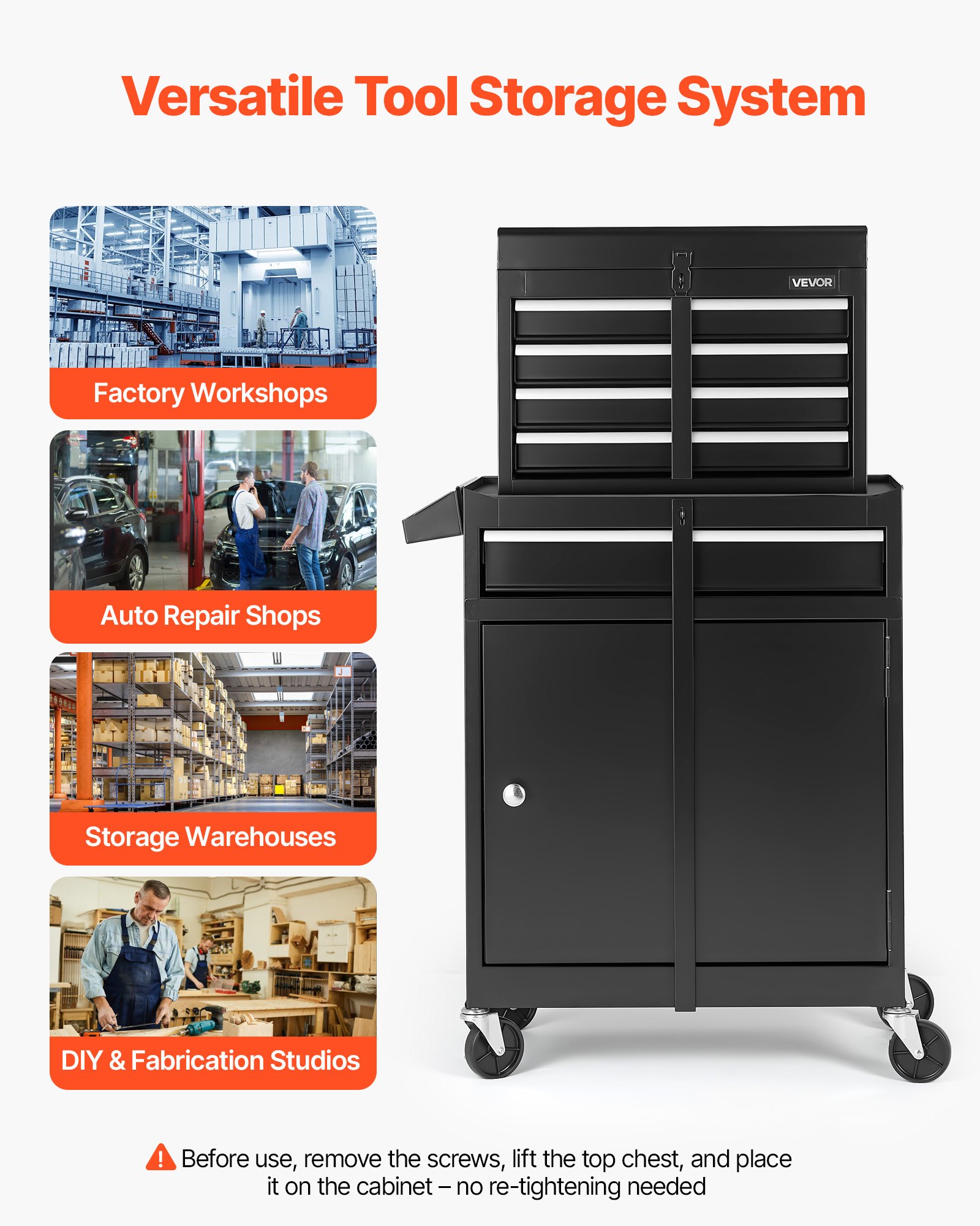 VEVOR Caja de Herramientas con Ruedas, 2 en 1 Organizador de 5 Cajones con Superior Desmontable, Barra de Seguridad, Revestimiento Protector y Soporte para Herramientas, para Garaje, Almacén y Taller