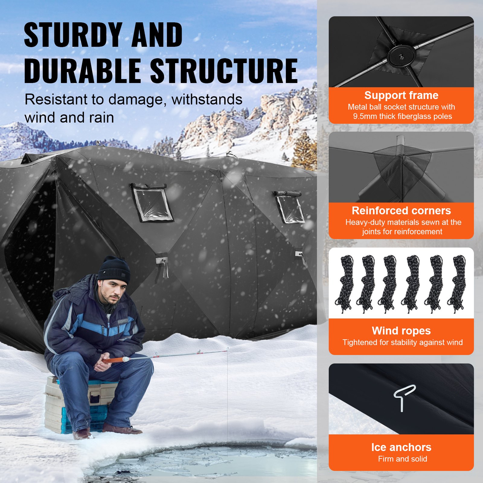VEVOR Refugio de Hielo Portátil 3,6 x 1,8 x 2 m Tienda de Campaña para Pesca en Hielo Emergente para 6-8 Personas Cubo de Hielo de Oxford Impermeable con Anclas/Cuerdas/Bolsa de Transporte, Negro