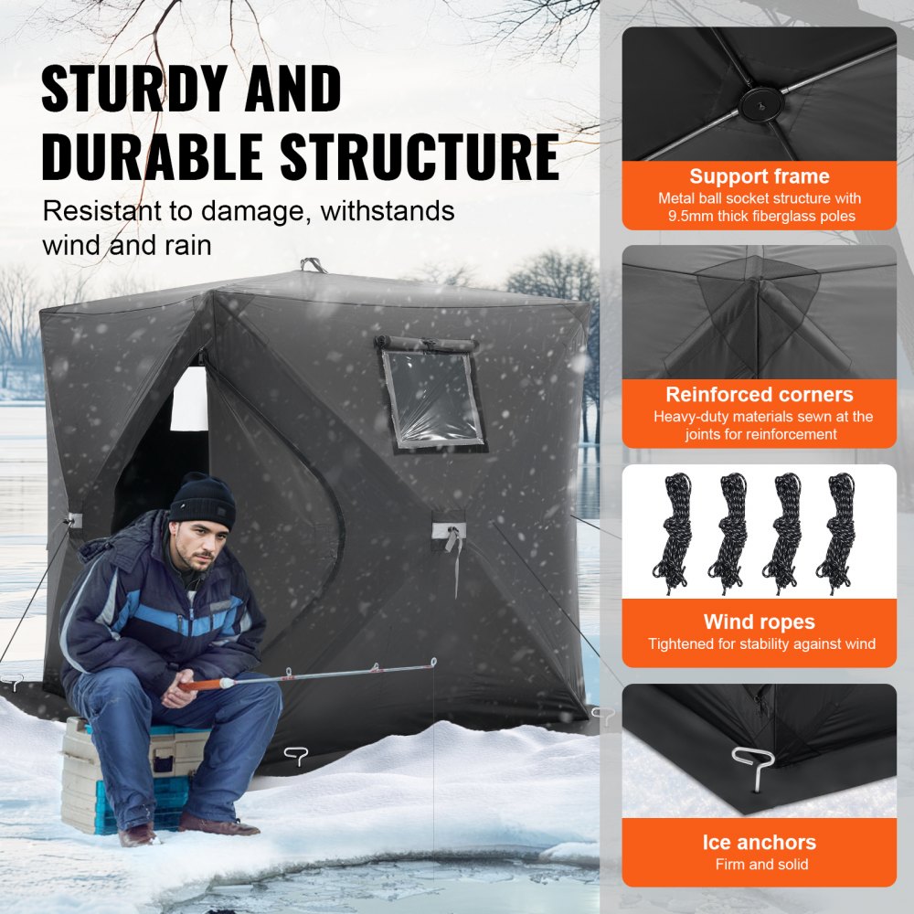 VEVOR Refugio de Hielo Portátil 1,5 x 1,5 x 1,65 m Tienda de Campaña para Pesca en Hielo Emergente para 1 o 2 Personas Cubo de Hielo de Oxford Impermeable con Anclas/Cuerdas/Bolsa de Transporte, Negro