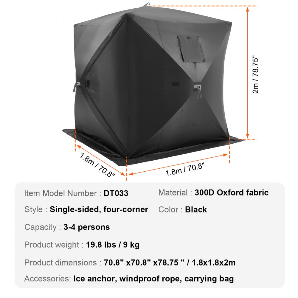 VEVOR Refugio de Hielo Portátil 1,8 x 1,8 x 2 m Tienda de Campaña para Pesca en Hielo Emergente para 3 o 4 Personas Cubo de Hielo de Oxford Impermeable con Anclas/Cuerdas/Bolsa de Transporte, Negro