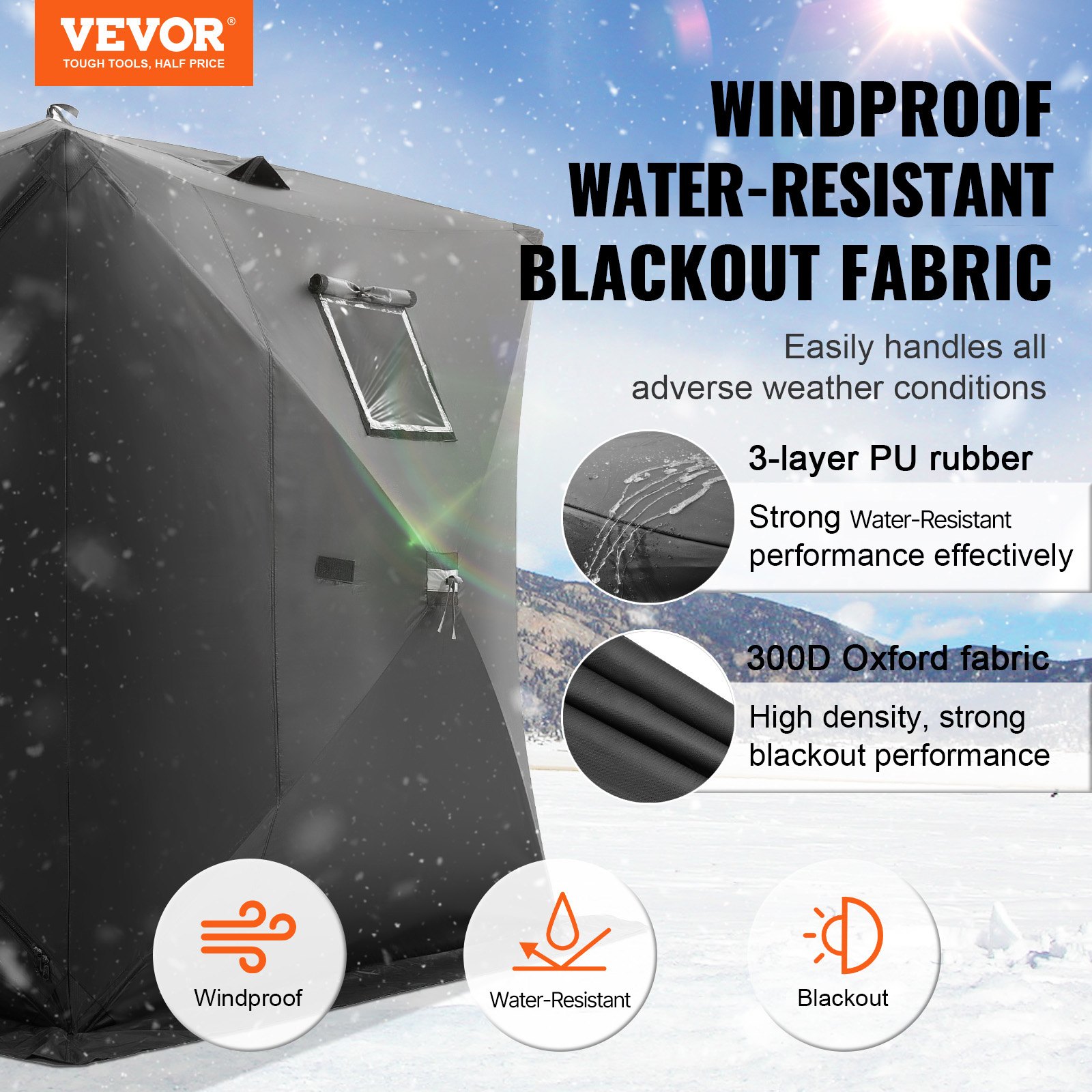 VEVOR Refugio de Hielo Portátil 1,8 x 1,8 x 2 m Tienda de Campaña para Pesca en Hielo Emergente para 3 o 4 Personas Cubo de Hielo de Oxford Impermeable con Anclas/Cuerdas/Bolsa de Transporte, Negro