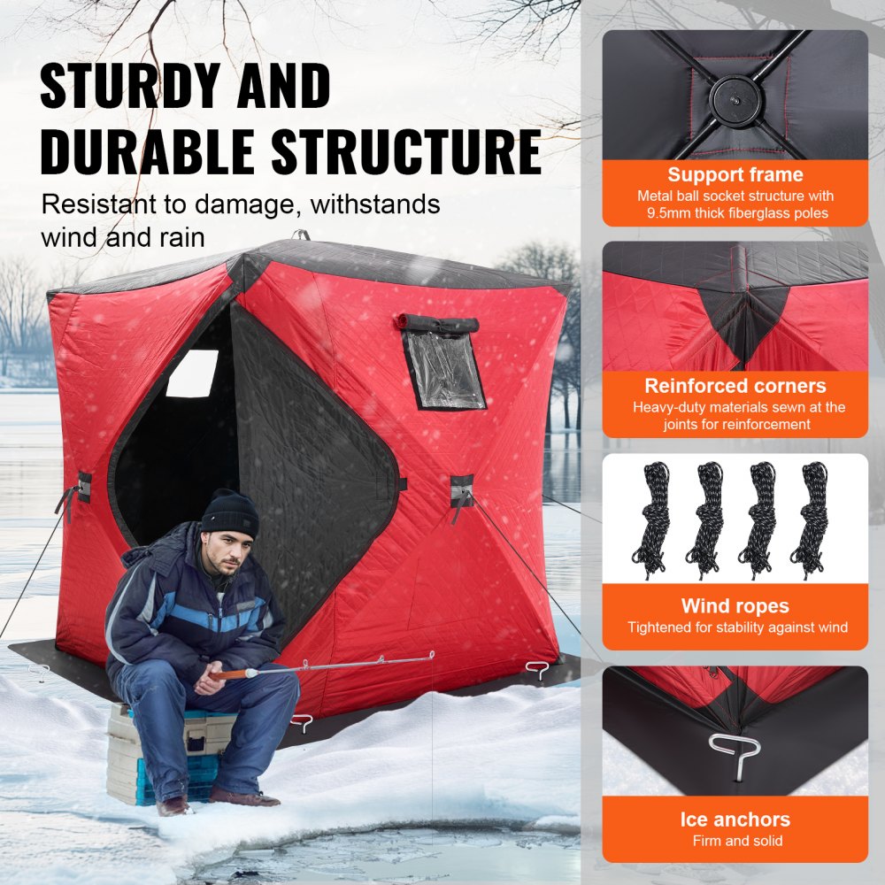 VEVOR Portable Ice Fishing Tent, Pop-Up Tent for Ice Fishing for 3-4 People, Fishing Tent Angler's Umbrella, Thermal Ice Hut for Winter Fishing, Tent with Anchors, Ropes, Carry Bag, 1.8 x 1.8 x 2 m, Red