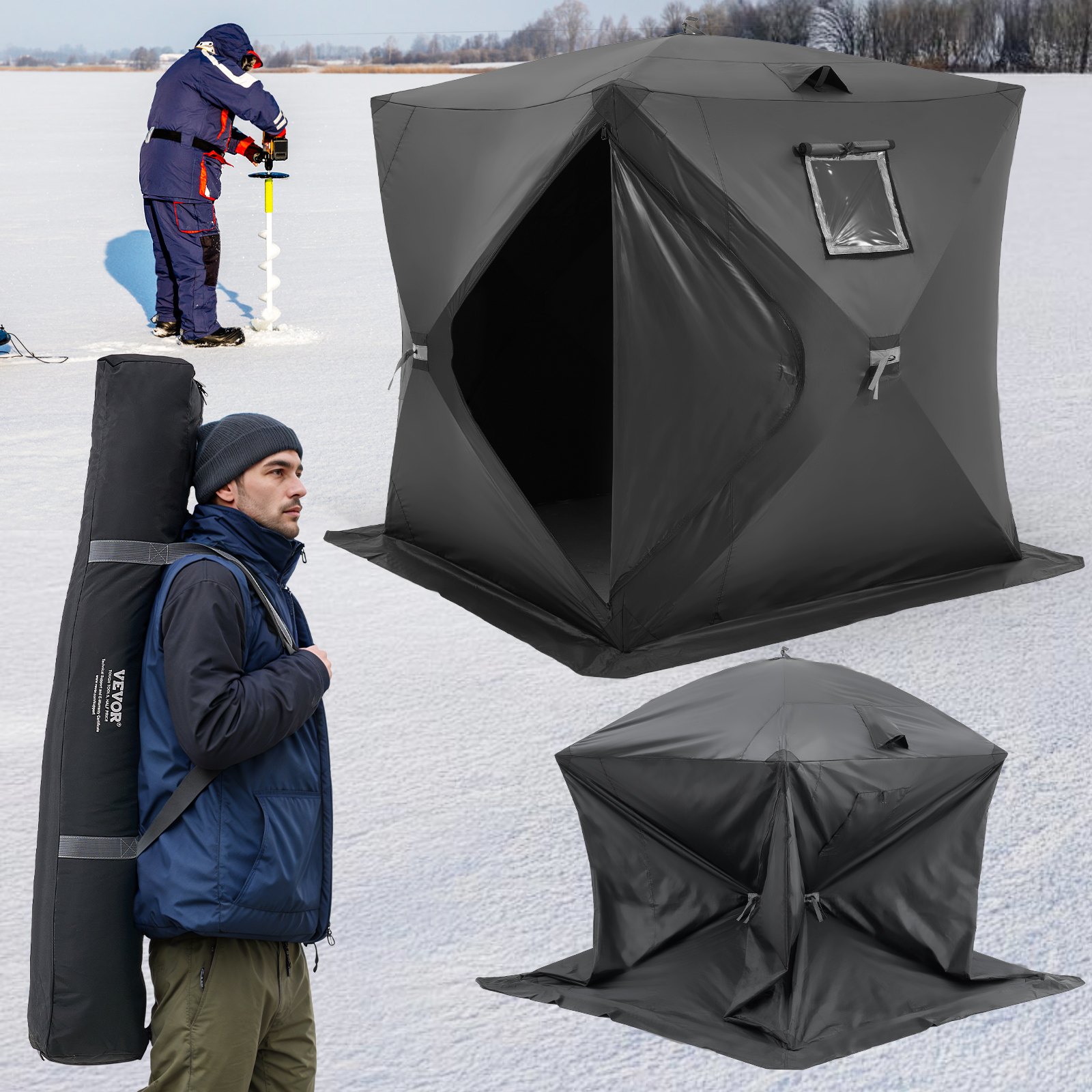VEVOR Portable Ice Fishing Tent, Pop-Up Ice Fishing Tent for 3-4 People, Fishing Tent Angler's Umbrella, Thermal Ice Hut for Winter Fishing, Tent with Anchors, Ropes, Carry Bag, 2.3 x 2.3 x 2 m, Black