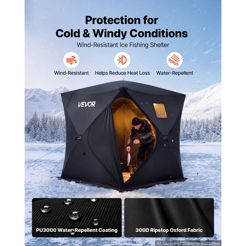 VEVOR Carpa de Pesca 2,28 x 2,28 x 1,95 m Tienda de Campaña 3-4 Personas, Refugio para Pescadores, Plegable y Portátil, Tela Oxford 300D, con Anclajes para Hielo, Cuerdas y Bolsa de Transporte, Negro