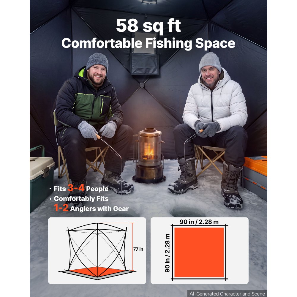 VEVOR Carpa de Pesca 2,28 x 2,28 x 1,95 m Tienda de Campaña 3-4 Personas, Refugio para Pescadores, Plegable y Portátil, Tela Oxford 300D, con Anclajes para Hielo, Cuerdas y Bolsa de Transporte, Negro