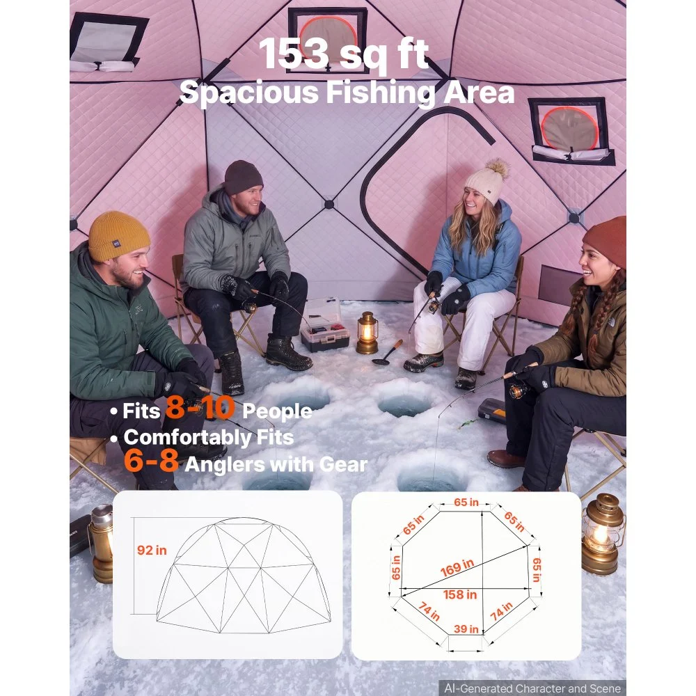 VEVOR Tienda de Campaña para Pesca en Hielo 4 x 4,3 x 2,33 m 8-10 Personas, Carpa Refugio para Pescadores, 14,2 m², Oxford 600D, Algodón Aislante, con Cuerdas, Estacas de Hielo, Bolsa, Naranja y Negro