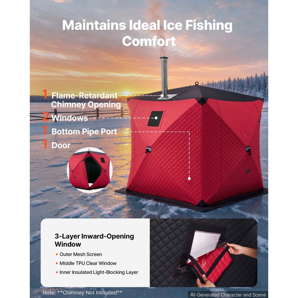 VEVOR Pop Up Ice Fishing Tent 3-4 Person 1.8 x 1.8 x 2 m Insulated Shelter, for Winter Fishing, 3.13 m² Area, 600D 4-Layer Fabric, Portable Hub-Style Shanty Cube with Anchors, Ropes, Carry Bag, Red