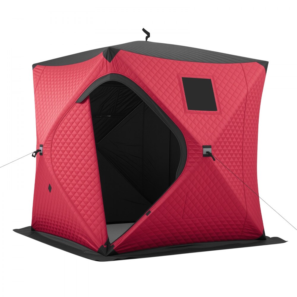 VEVOR Pop Up Ice Fishing Tent 3-4 Person 1.8 x 1.8 x 2 m Insulated Shelter, for Winter Fishing, 3.13 m² Area, 600D 4-Layer Fabric, Portable Hub-Style Shanty Cube with Anchors, Ropes, Carry Bag, Red