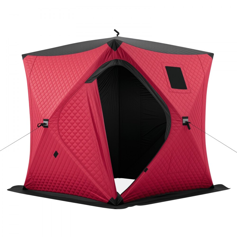 VEVOR Pop Up Ice Fishing Tent 3-4 Person 1.8 x 1.8 x 2 m Insulated Shelter, for Winter Fishing, 3.13 m² Area, 600D 4-Layer Fabric, Portable Hub-Style Shanty Cube with Anchors, Ropes, Carry Bag, Red
