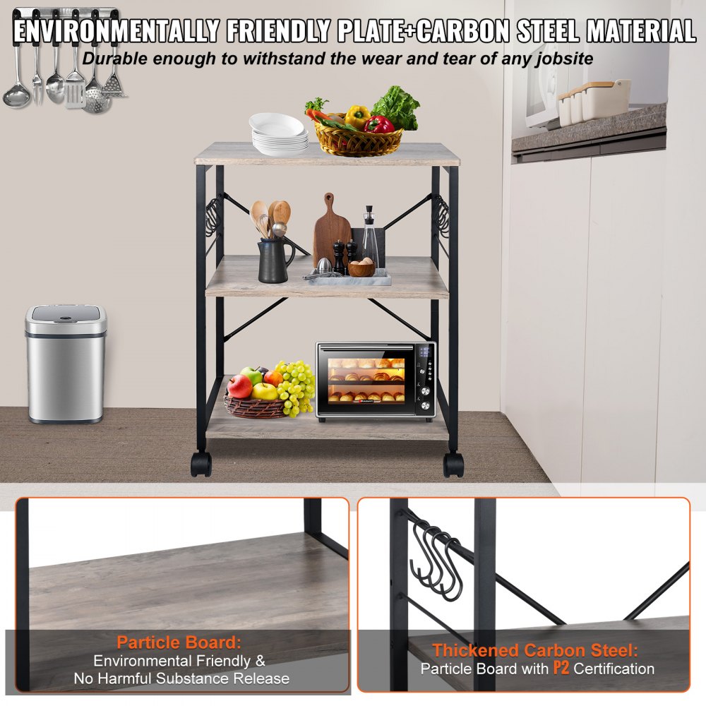 VEVOR Estante para Panaderos de Cocina de 3 Niveles Estantería de Almacenamiento de Servicios 60 x 40 x 72 cm con 8 Ganchos Capacidad de 50 kg Estante con Soporte para Horno Microondas, Marfil Claro