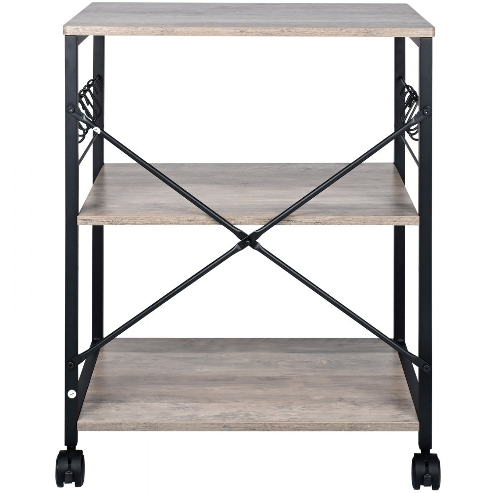 VEVOR Estante para Panaderos de Cocina de 3 Niveles Estantería de Almacenamiento de Servicios 60 x 40 x 72 cm con 8 Ganchos Capacidad de 50 kg Estante con Soporte para Horno Microondas, Marfil Claro