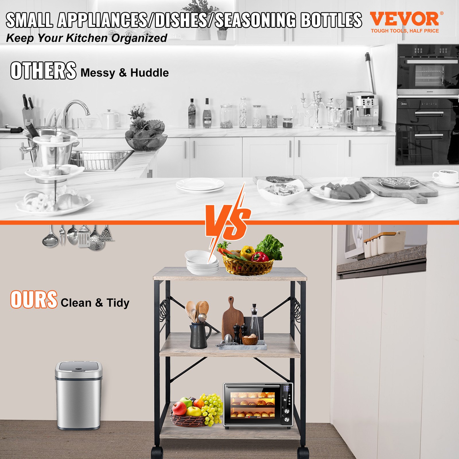 VEVOR Estante para Panaderos de Cocina de 3 Niveles Estantería de Almacenamiento de Servicios 60 x 40 x 72 cm con 8 Ganchos Capacidad de 50 kg Estante con Soporte para Horno Microondas, Marfil Claro