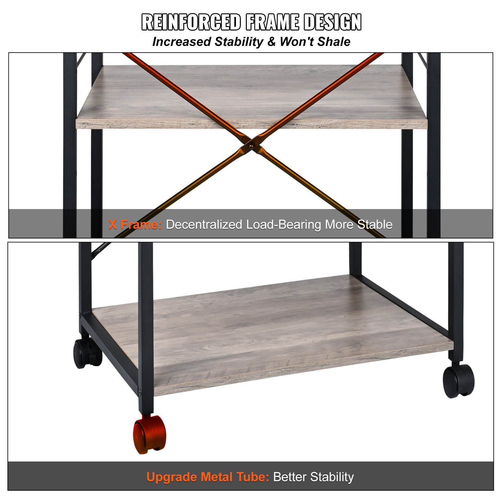 VEVOR Estante para Panaderos de Cocina de 3 Niveles Estantería de Almacenamiento de Servicios 60 x 40 x 72 cm con 8 Ganchos Capacidad de 50 kg Estante con Soporte para Horno Microondas, Marfil Claro