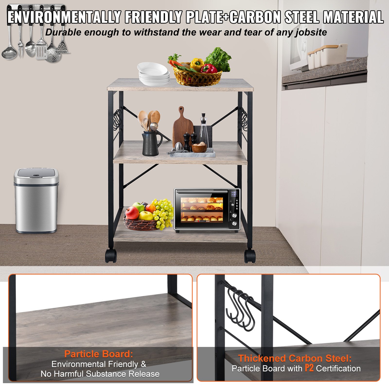 VEVOR Estante para Panaderos de Cocina de 3 Niveles Estantería de Almacenamiento de Servicios 60 x 40 x 72 cm con 8 Ganchos Capacidad de 50 kg Estante con Soporte para Horno Microondas, Marfil Claro