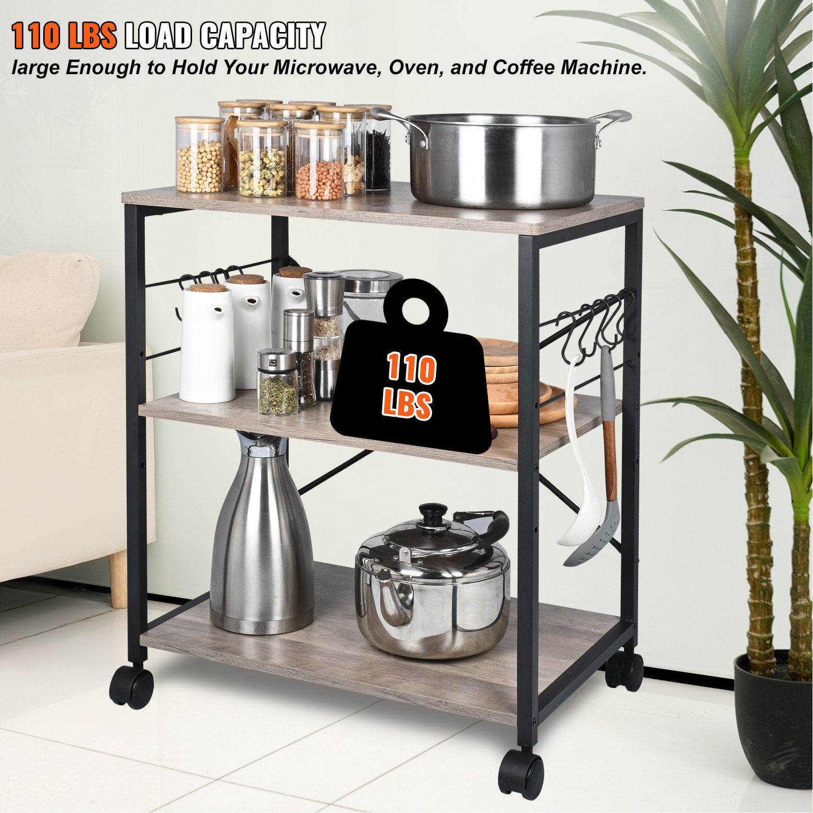 VEVOR Estante para Panaderos de Cocina de 3 Niveles Estantería de Almacenamiento de Servicios 60 x 40 x 72 cm con 8 Ganchos Capacidad de 50 kg Estante con Soporte para Horno Microondas, Marfil Claro