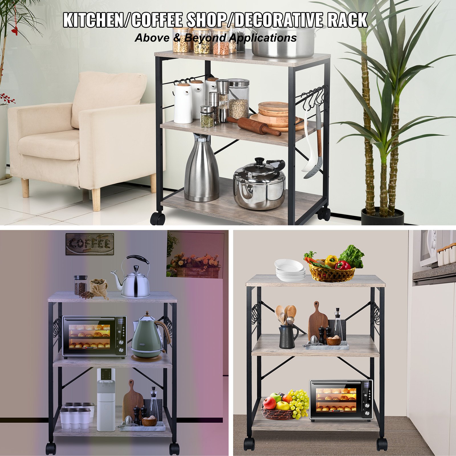 VEVOR Estante para Panaderos de Cocina de 3 Niveles Estantería de Almacenamiento de Servicios 60 x 40 x 72 cm con 8 Ganchos Capacidad de 50 kg Estante con Soporte para Horno Microondas, Marfil Claro